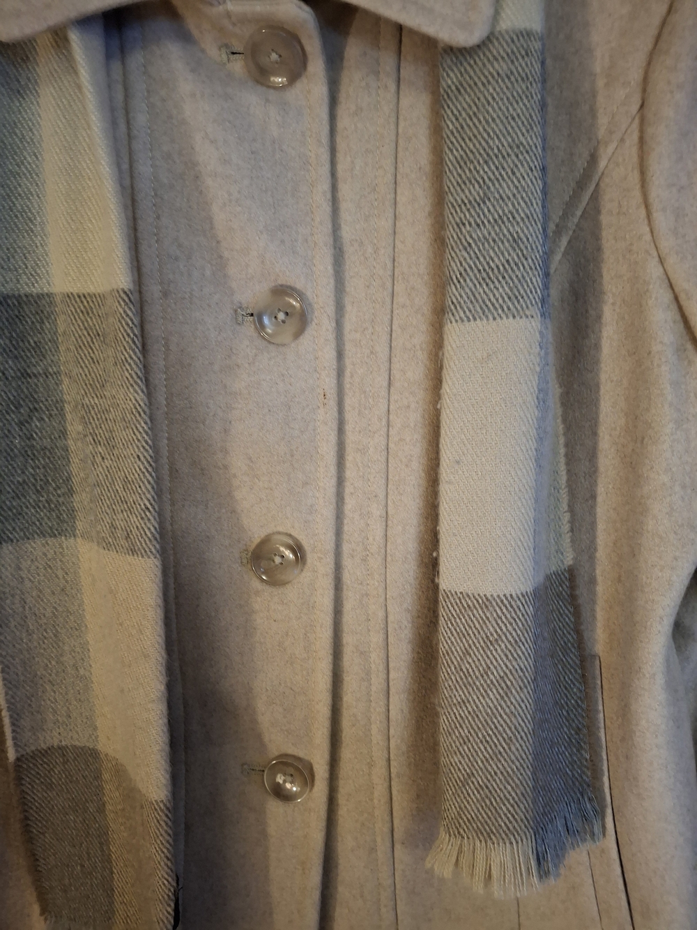 London Fog Beige Wool Pea Coat with Plaid Scarf